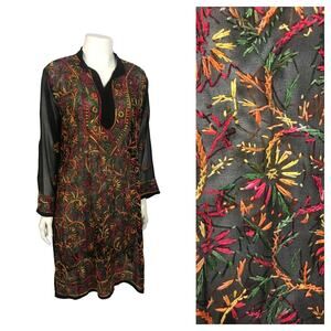 Vintage Black Sheer Rainbow Embroidery Tunic Dress / Women’s Medium